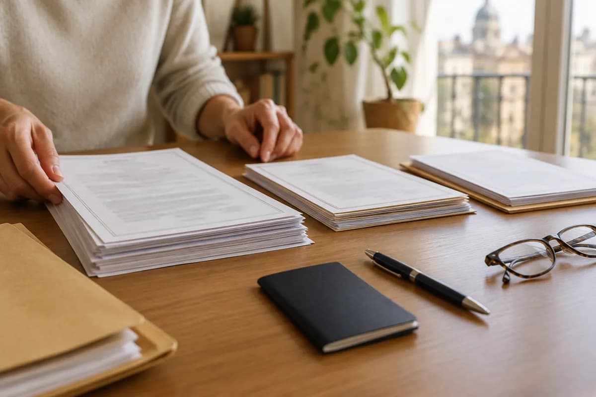 Partidas de nacimiento y certificados latinoamericanos sobre una mesa, listos para la apostilla de documentos para España