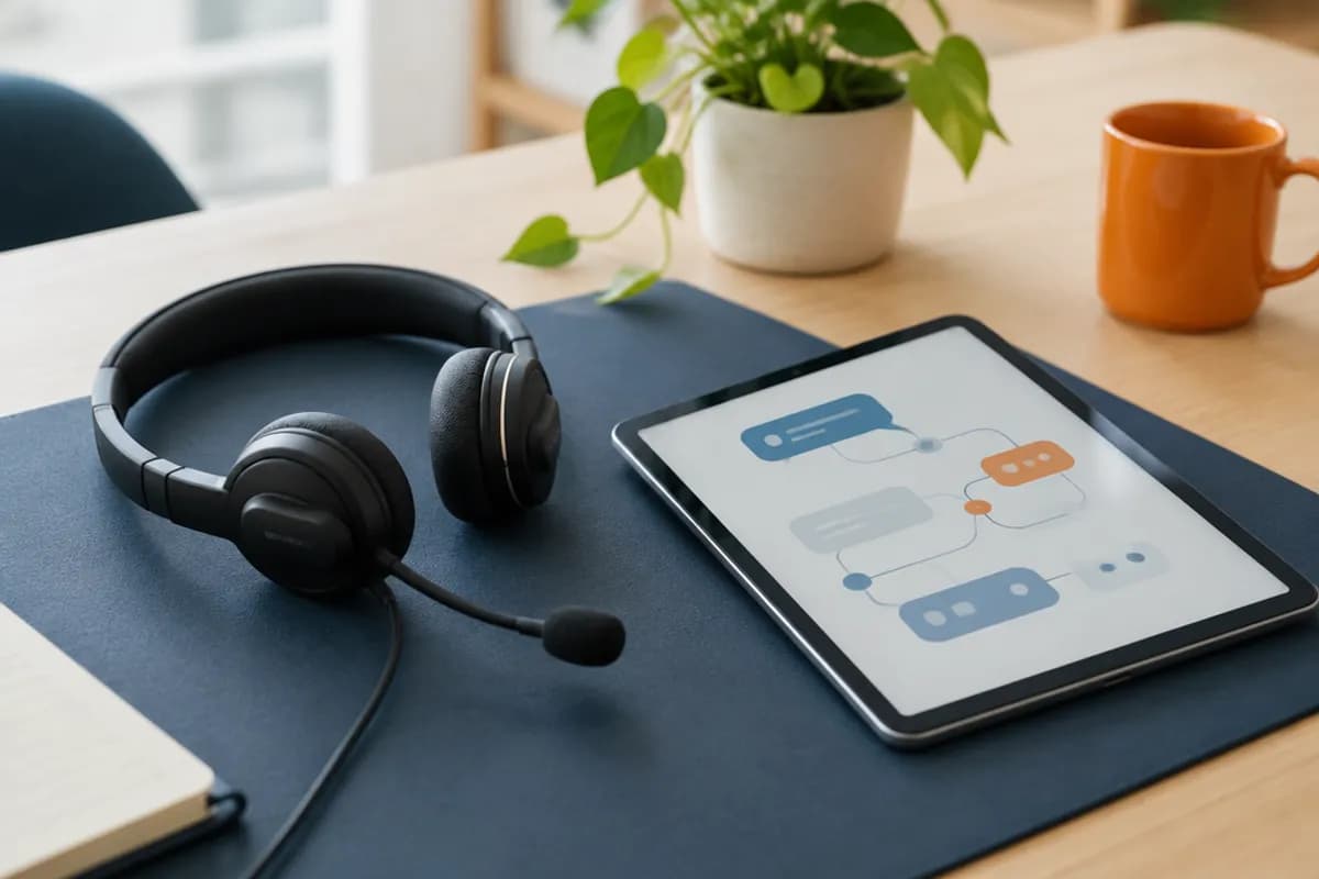 Auriculares de atención al cliente junto a una tableta con un chat abstracto y una taza naranja