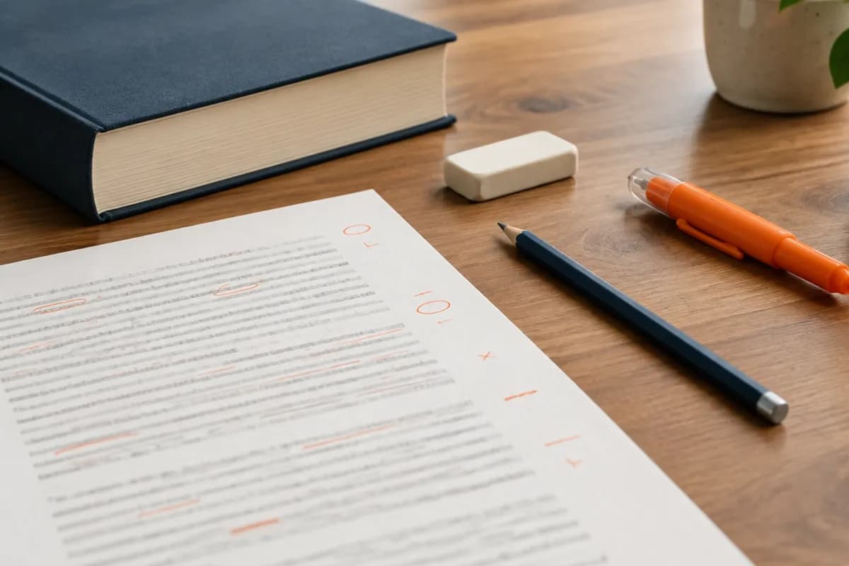 Página impresa con marcas de corrección, un diccionario y un bolígrafo corrector naranja