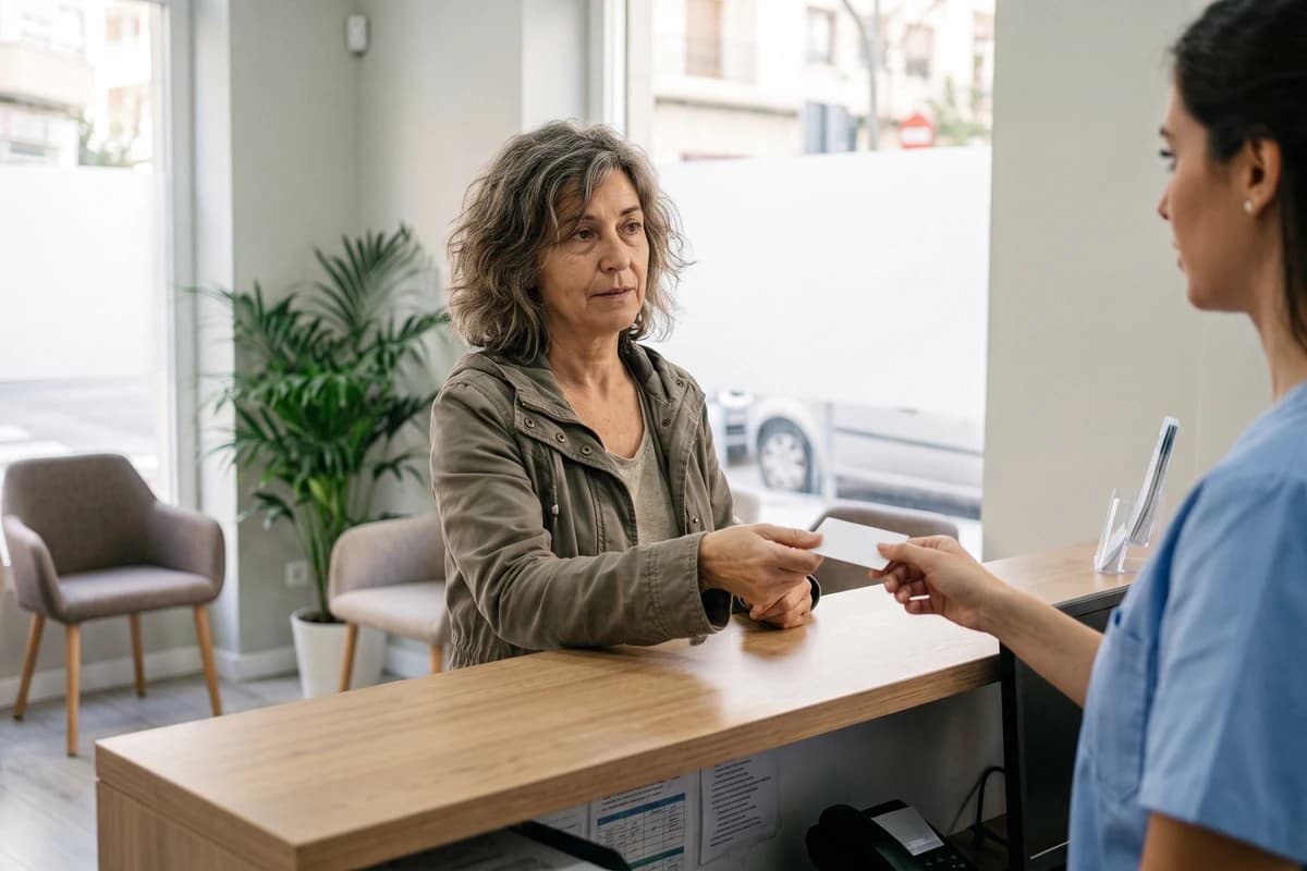 Patient at a health centre reception desk, a first step in healthcare in Spain for expats