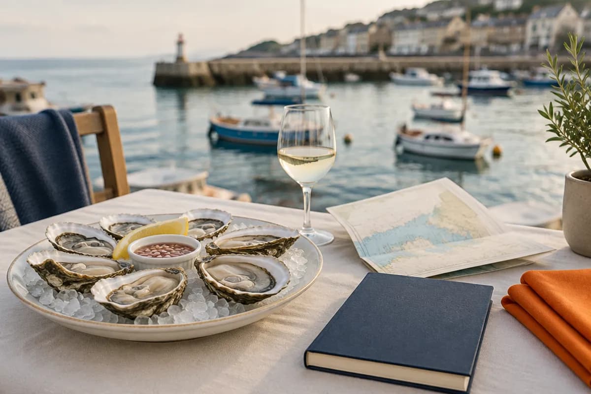 Fresh oysters on a seaside table with a map, a navy guidebook and a harbour behind