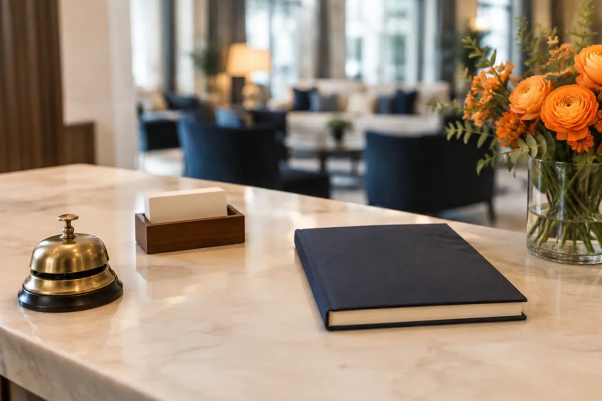 A hotel reception desk with a service bell, a navy guest book and orange flowers