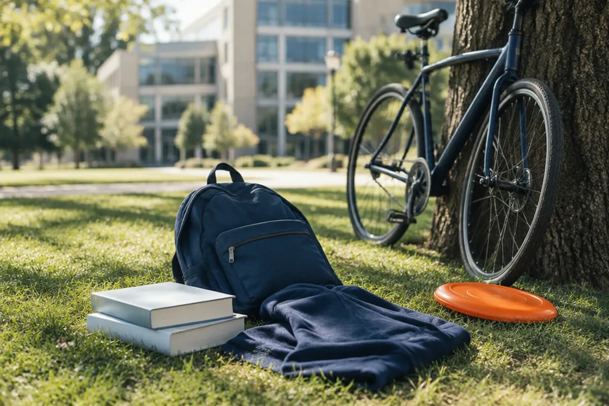 A backpack, textbooks and a bicycle on a sunny university lawn with an orange frisbee