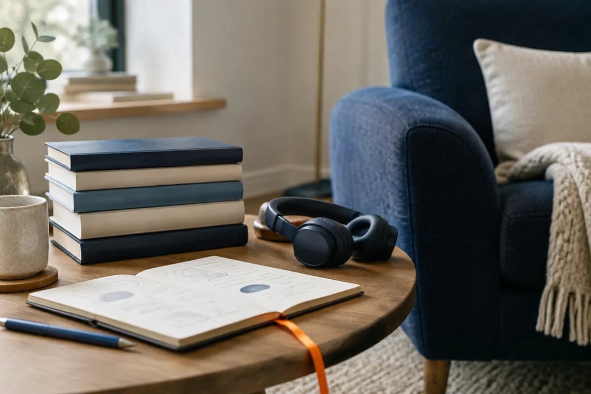 Rincón de lectura con libros, auriculares y un sillón azul marino junto a un marcapáginas naranja