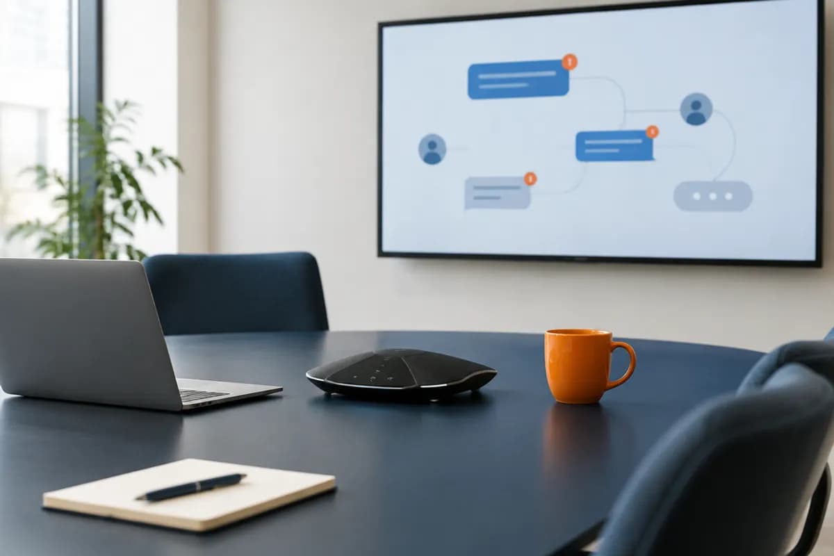 Sala de reuniones con una pantalla de mensajes conectados, un altavoz y una taza naranja