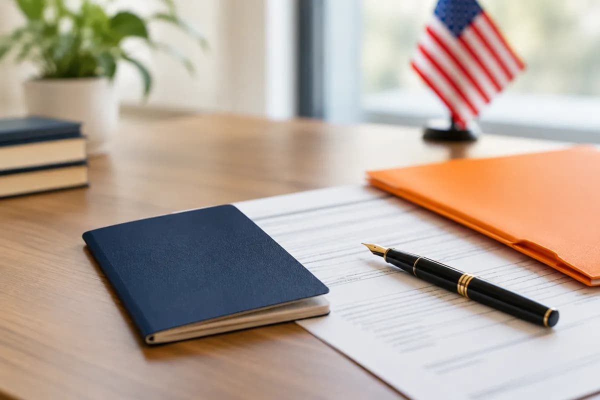 Escritorio con formularios oficiales, una pluma y una carpeta naranja, con una bandera estadounidense al fondo