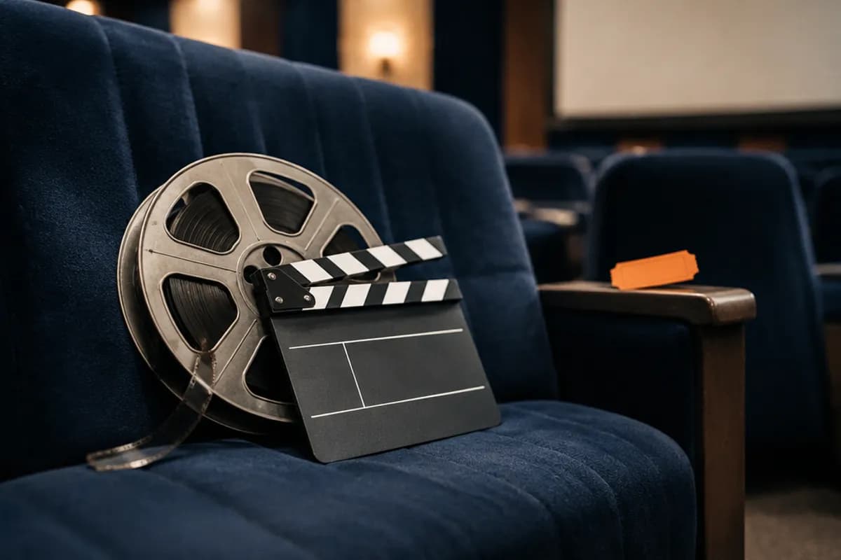 Butacas de cine de terciopelo azul marino con un rollo de película y una entrada naranja