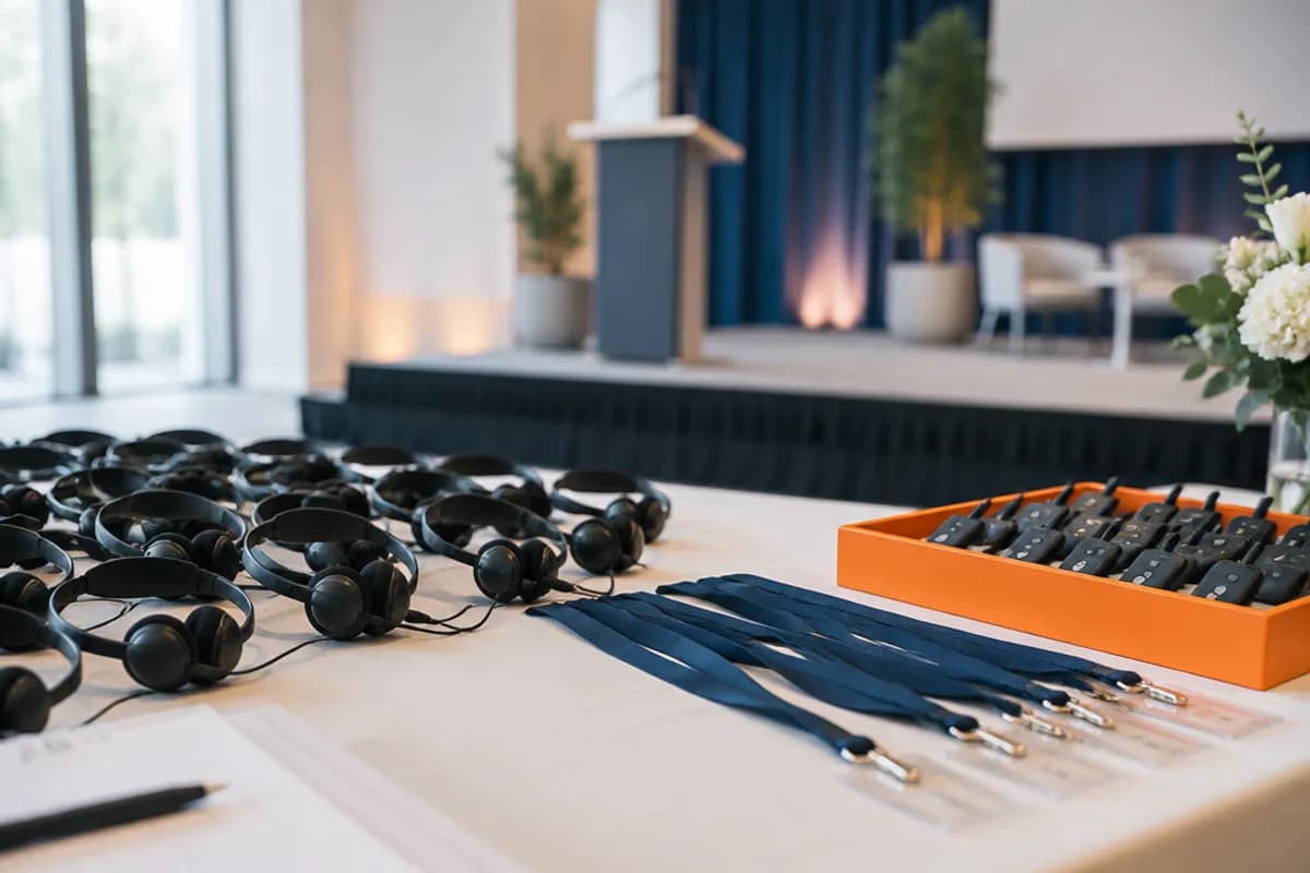 A reception table with interpretation headsets and navy lanyards before a conference