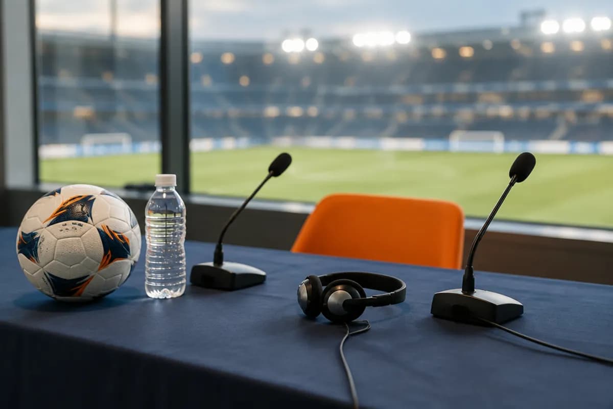 Mesa de rueda de prensa con micrófonos, auriculares de intérprete y un balón junto a una silla naranja