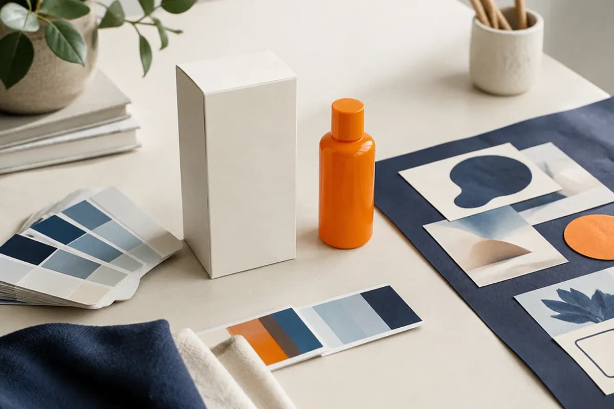 Mesa de estudio de marca con muestras de color, un envase en blanco y un frasco naranja