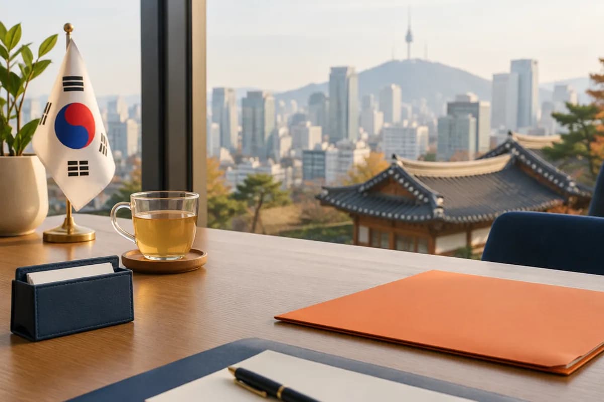 Escritorio con vistas a Seúl, una bandera surcoreana y una carpeta naranja