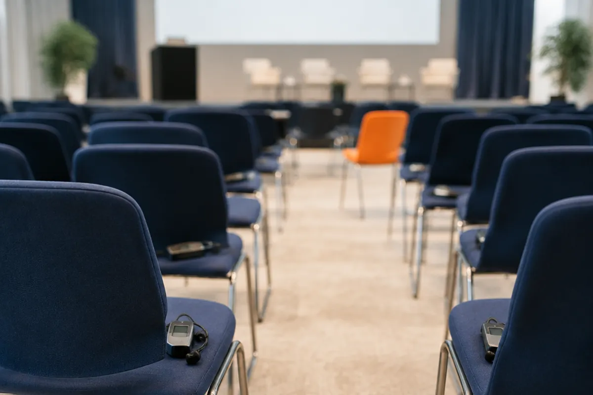 Sala de conferencias con receptores de interpretación en sillas azul marino y una silla naranja
