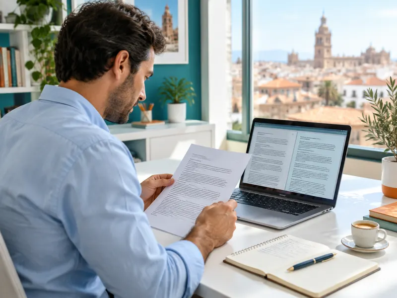 Traducteur comparant un document et sa traduction à son bureau, avec vue sur Valencia
