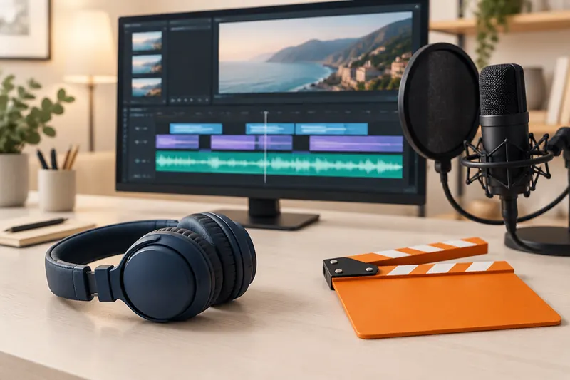 Traduction audiovisuelle : poste de montage vidéo avec écran de sous-titrage, casque, microphone et clap