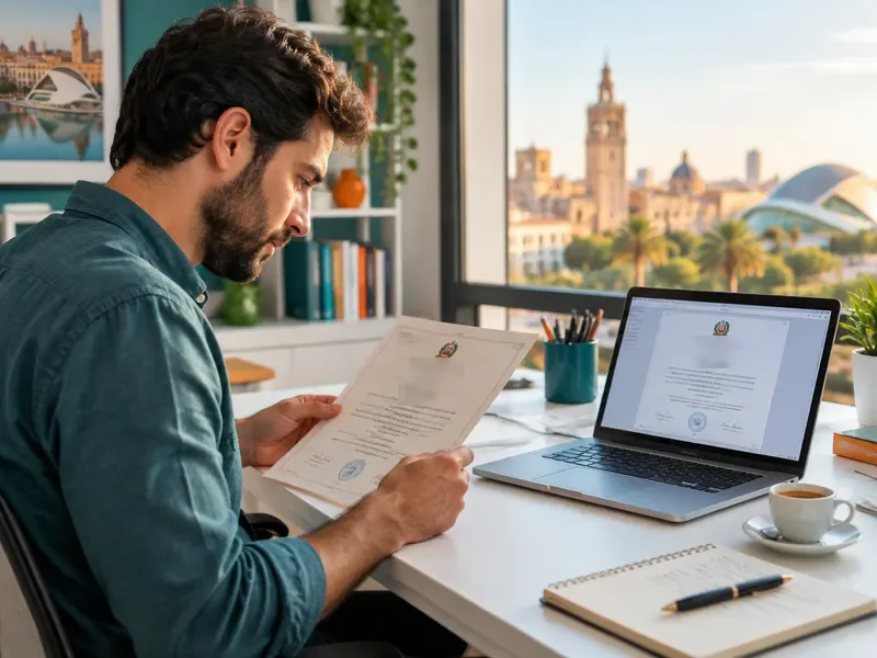 Traducteur lisant un document et sa traduction à son bureau, avec vue sur Valencia