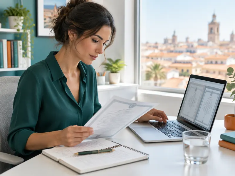 Traductrice comparant un certificat portugais et sa traduction en espagnol